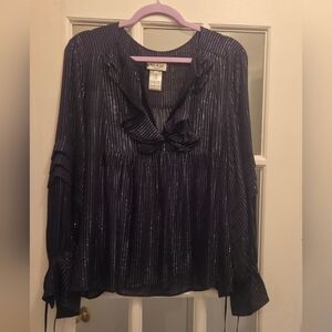 Paul & Joe Navy & Silver Pleated Bib Collar Blouse With Ruffles & Cinched Wrists